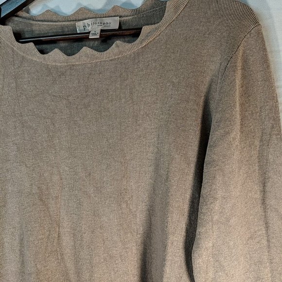 Philosophy Mauve Light Brown Scallop Hem Women's L Knit Sweater Top 3/4 Sleeve - Picture 4 of 11